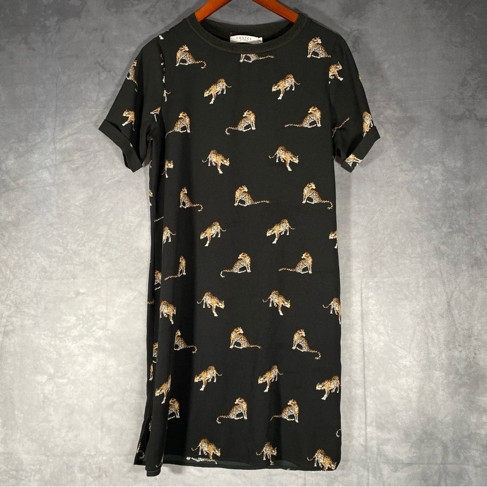Leopard All Over Print Black Shift Midi Dress Sz 38 Short Sleeve‎ Casual Sheer